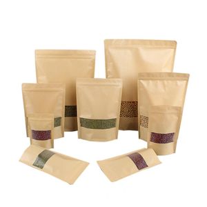 Multi-Sizes Kraft Paper Food Packaging Bags with Clear Window on Front Stand up Zip Lock Coffee Packing Bag Tea Package Pouches330H