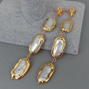 Stud YYING Cultured White Biwa Pearl With Electroplated Edge Dangle Stud Earrings 230719