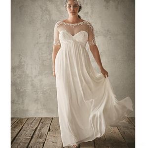 Transparente Brautkleider in Übergröße 2019 Verkauf von neuen U-Ausschnitt-Falten A-Linie Halbarm Empire-Spitze-Chiffon-Strand-Brautkleid Gow279r