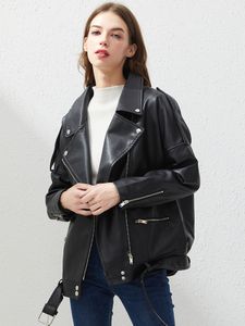 Women's Jackets Fitaylor PU Faux Leather Jacket Women Loose Sashes Casual Biker Outwear Female Tops BF Style Black Coat 230719