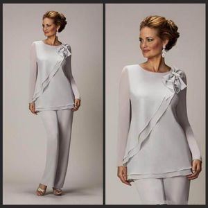 Srebrny szyfon dwa kawałki Mother of the Bride Pants Suit for Wedding Mother's Have Pantosy Mothers Formal Wear2098