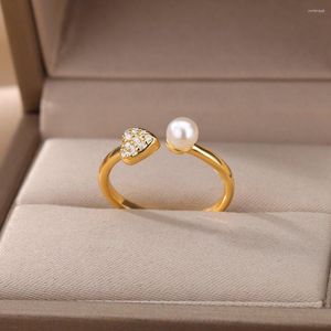 Fedi nuziali Simpatico cuore di cristallo di zircone per le donne Anello di fidanzamento con perle simulate Bague regolabile per gioielli in stile coreano