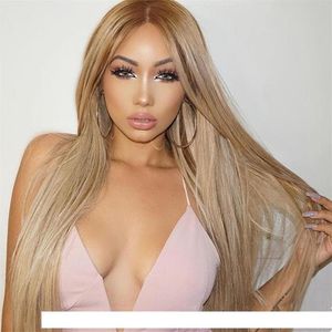 8a Silkeslen Straight #27 Spetsfront peruker för Balck Women Virgin Brasiliansk honung Blond hår Glueless full spets Human Hair Wigs Baby HA312E