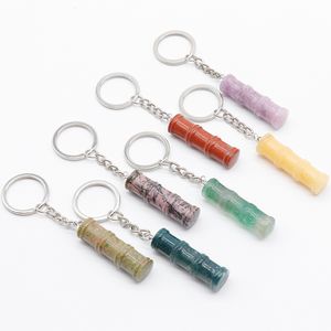 Natural Stone Bamboo Joint Shape Key Rings Crystal Quartz Fluorit Lapis Amethyst Pendant Keychain Keyring Charms Gift