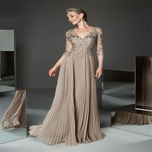 Ternos elegantes para a mãe da noiva mangas compridas aplicadas decote em V uma linha até o chão vestido de convidada de casamento personalizado tamanho grande Moth212S