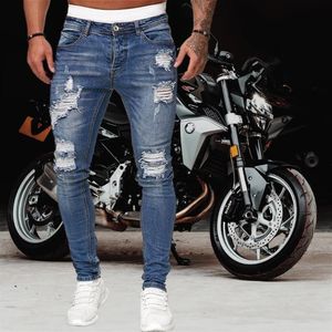 Mäns jeans män rippade mager blå blyertsbyxor motorcykelparty casual byxor gata kläder 2022 denim man kläd288g