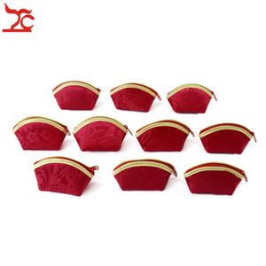 10 adet çok Çin tarzı kırmızı ipek takı fermuar kese küçük deniz kabuğu takı ambalaj tasarımcısı hediye çantası para çantası düğün lehine 284d