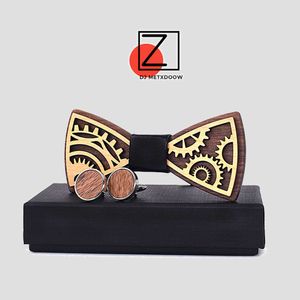 Bolo Ties New design Gear wheel Wooden Bow Tie Men's Wood Bowtie Cufflinks Set Brand Business Neckties Cuff Links for Wedding Groom HKD230719