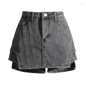 Saias Primavera/Verão Irregular Cintura Alta Evasê Denim Saia Para Mulheres Shorts De Pernas Largas Antibrilhantes Curtos Do Velho