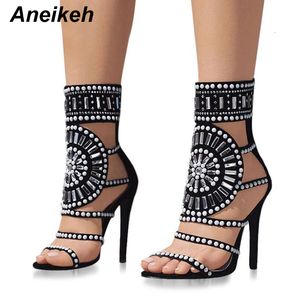 Sandals Aneikeh Women Fashion Open Toe Design High Heel Sandals Crystal Ankle Wrap Glitter Diamond Gladiator Black Size 35-42 230719