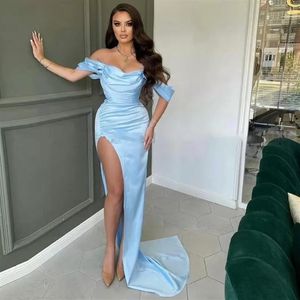 Sexy Pretty Light Sky Blue Satin Mermiad Prom Dresses With High Side Split Off Shoulder Formal Party Gowns Celebrity Evening Dress277J
