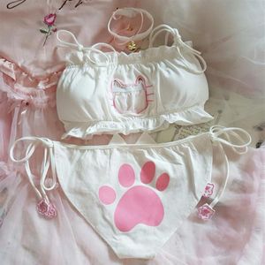 Japanese anime cos sexy cute Cat girl cotton hollow Out Sexy Open Chest Lace-up Underwear Set Cosplay Cute lace panties set320y