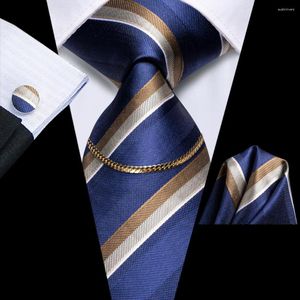 Bow Ties Navy Blue Striped 2023 Luxury Silk Men Tie Fashion Necktie Chain Hanky Cufflink Gift For Wedding Hi-Tie Design Wholesale