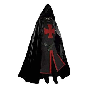 Мужские средневековые крестоносцы Knights Templar Tunic Costumes Renaissance Halloween Surcoat Warrior Black Plague Cloak Cosplay Top S-3XL Y3102