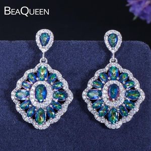 BeaQueen Fancy Damen-Ohrringe, Blau, Grün, mehrfarbig, kubischer Zirkon, Regenbogen, große hängende Tropfen-Ohrringe, Statement-Schmuck, Ac183K