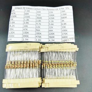 전체 -500pcs 1 4W 0 25W 5% 탄소 필름 저항기 키트 50 값 구색 팩 믹스 선택 1R-10M OHM2111