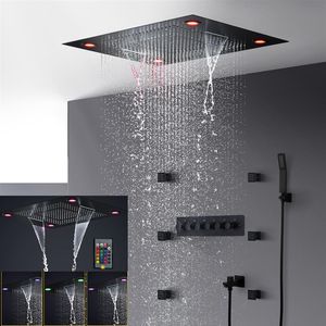 bathroom electric led shower set matt black concealed ceiling large rainfall shower head waterfall body jets 2 inch massage shower279w