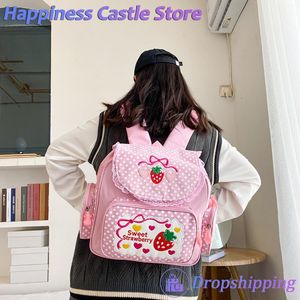 Borse da scuola Kawaii Outdoor Daypack Cute Strawberry Embroidery Student Mochila Dots MultiPocket Nylon Fashion College per ragazze adolescenti 230720