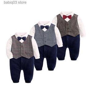 Macacões Kids Tales Roupas infantis 2023 Baby First Year Dress Tie Shirt Gentleman Romper Baby One Piece Creeper T230720