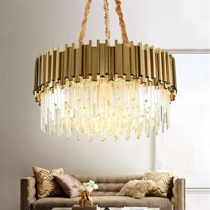 Modern Crystal Lamp Chandelier för vardagsrum Lyxig guld runt rostfritt stålkedja ljuskronor belysning 110-240v245r