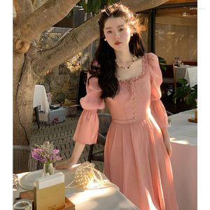 Casual Dresses Korea Elegant Pink Dress Women Fashion Retro Square Collar Party Midi Sweet Princess A Line Sundress Vestidos Ruffle