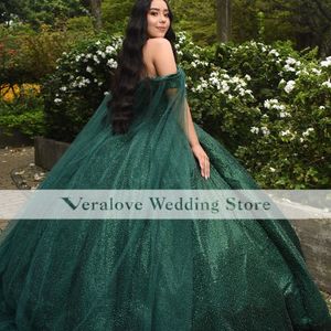 Sparkly Green Princess Quinceanera Dress Ball Gown 2023 Off Shoulder Sequins Prom Gowns Sweet 16 Party Dresses