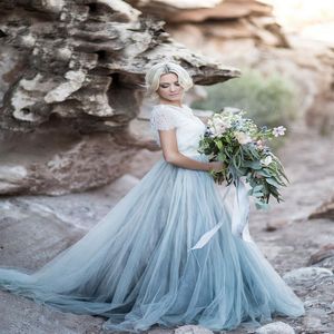 2019 Bohemian Colored Wedding Dresses Short Sleeve Jewel Neck A Line Soft Tulle Cap Sleeve Boho Lace Light Blue Bridal Gowns276Y