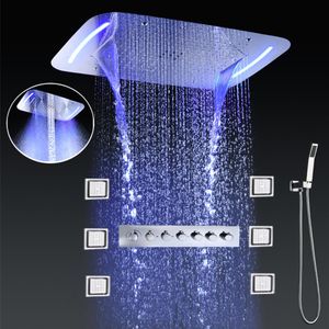 Luxury Thermostatic Shower Faucets Bathroom LED Ceiling Shower panel Multi Functions Rainfall showerhead set With Massage Body Jet297S