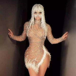 Sparkly Rhinestone Pearls Mesh Perspective Dress Women Sexig Slit Birthday Prom Party BodyCon Nightclub Dancer Stage Wear218w