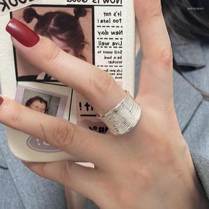 Cluster Rings 925 Sterling Silver for Women Stripa Wide Simple Minimalist Open Finger Ring Fashion Band Female Bijoux Gift