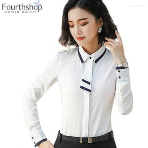 Kvinnor BLOUSES 2023 Office Lady Formal Blue Shirt for Women Business Work Long Sleeve Bow Tie Shirts Stripe Fashion Tops and Female