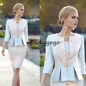 Cheap Appliqued Mother Of The Bride Dresses With 3 4 Sleeves Peplum Wedding Guest Dress Knee Length Plus Size Jacket Mothers Groom350I