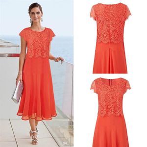 Günstige orangefarbene Kleider für die Brautmutter für Strandhochzeit, Teelänge, Spitze, appliziert, formelle Kleidung für Mütter, Abendkleider in Übergröße2619