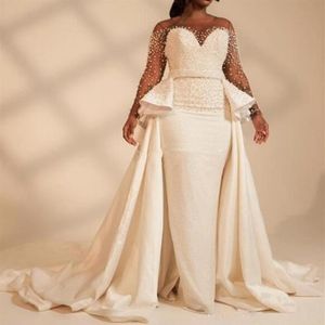 Long Sleeves Plus Size Mermaid Wedding Dresses With Overskirt Pearls Beaded Illusion African 2020 Bridal Gowns Customized Vestidos2313