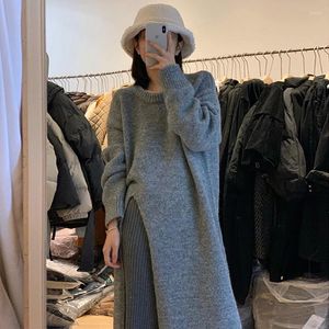 Casual Dresses Korean Elegant Split Autumn Knickad tröja Klänning Kvinnor O-hals Vintage Midi Loose Party Solid Color right2024