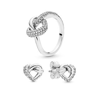 Knutted Heart Stud örhängen Ring Set för Pandora 925 Sterling Silver Designer Jewelry for Women Girls Crystal Diamond Luxury Love Earring Rings With Original Box