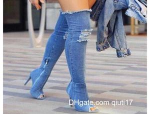 Stövlar 2017 Kvinnor Summer Autumn Peep Toe Over The Kne Quality High Elastic Jeans Fashion Boots High Heels Plus Size6901977 Z230720