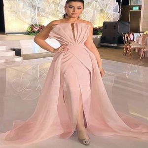 2021 Mermaid Evening Dress Pink Soft Stain Formal Dress Elegant Party Dress Prom Gown Detachable Train Vestidos De Fiesta265h