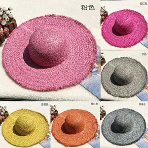 Wide Brim Hats Colorful Lafite Straw Hat Women's Round Top Summer Woven Sun Panama Wholesale