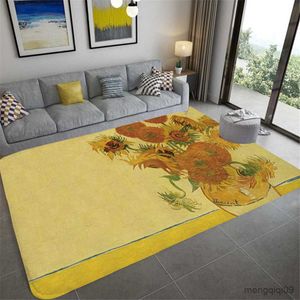 Mattor Van Gogh Oil Målningsdörrat 3D -tryck Solrosdekor Mattan Non Slip Flanell Doormat For Badrum och vardagsrum Kök Mat R230720