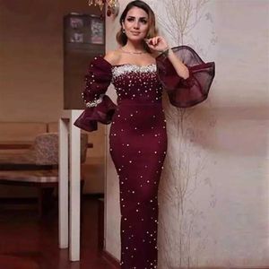 Prom Dresses sjöjungfru 2020 Långärmad Saudiarabien Beading Pearls For Women Sexig pärla formell kvällsfest nattklänningar Vestido 219q