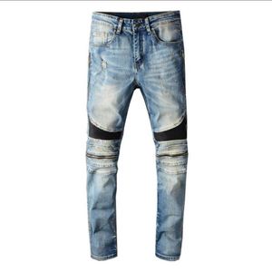 Uomo drappeggiato strappato skinny moto biker fori cerniera lavata jeans pantaloni dritti distrutti slim fit denim graffiato tuta Jean277k