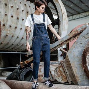 2020 New Men's Harajuku Denim Overalls Men's Korean Version of the Self-cultivation feet Stretch jeans Strap Blue Trouse296C