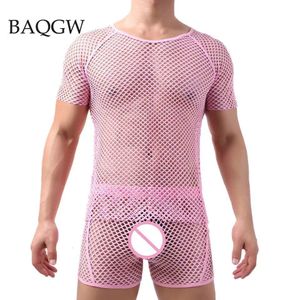 Men s Tracksuits Sexy Fishnet Hollow Out Underwear Set Mesh Undershirts Shorts Transparent Short Sleeve Undershirt Tee Tops Two Piece 230720