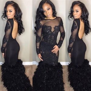 Sexy Black Feather Mermaid Prom Drsses Sheer Neck Long Sleeves Appliques Beaded Tulle Backless African Girls 2K17 Party Dreses For314q