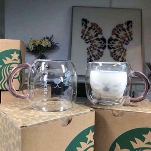 Summer new Starbucks Taiwan Little Cat transparent glass cup Pink handle Double glass coffee milk mug 250ml183M