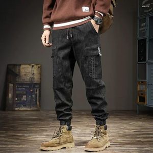 Erkekler kot moda tasarımcısı erkek siyah renk streç gevşek fit denim kargo pantolon hombre sokak kıyafeti hip hop joggers rahat tulum