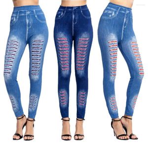 Women's Leggings Fashion Faux Denim Jean Skinny Jeggings Pants High Waist Female Print Ankle-length Slim Legging Fitness Plus Size