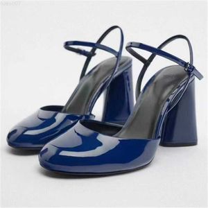 Sandaler Sandaler Kvinnor 2023 Blue Soft Patent Leather Designer Shoes for Women Chunky Round Toe High Heeled Back Hollow Sandals Handgjorda L230720