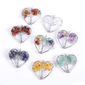 Charms 30mm Rainbow Tree of Life Natural Amethyst Crystal Heart Pendant Necklace Energy Stone Healing Meditation Yoga Gift W DHGARDEN DHLZC